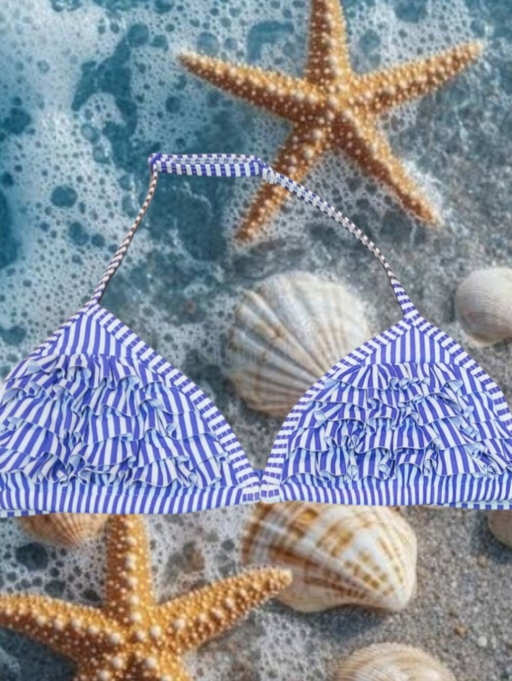 H&M Girl's Halter Triangle Purple & White Vertical Striped Bikini Top